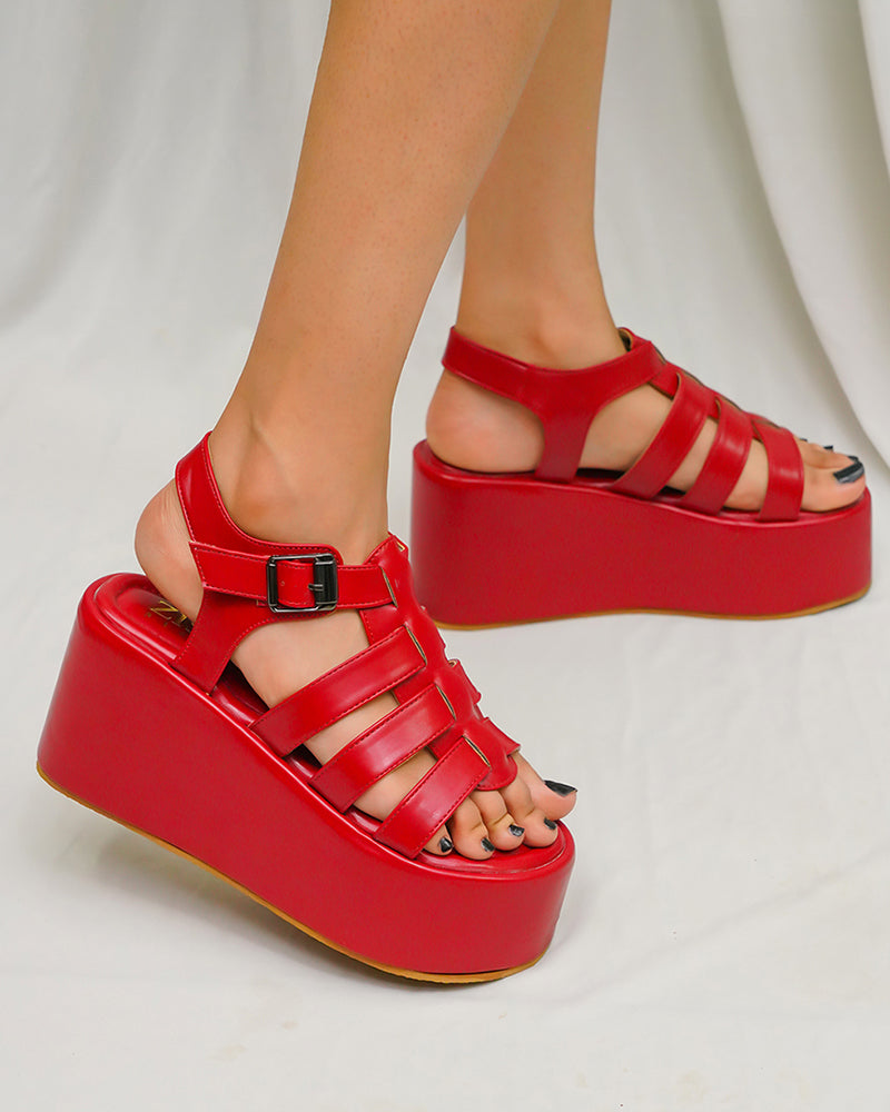 Red fashion caged sandals